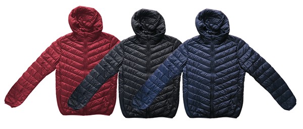 Men down jackets manufactured in China according to customer's requirements.