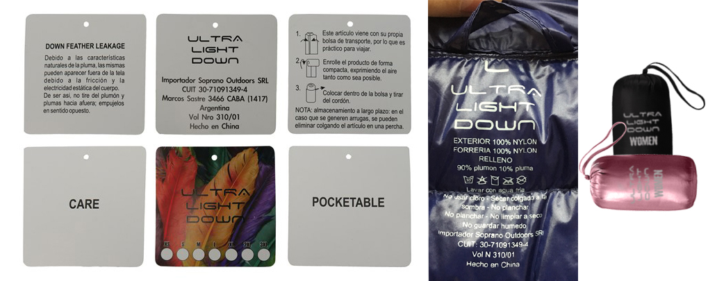 Hangtags, printings and down jackets bags as an accessories to down jackets manufacturing.